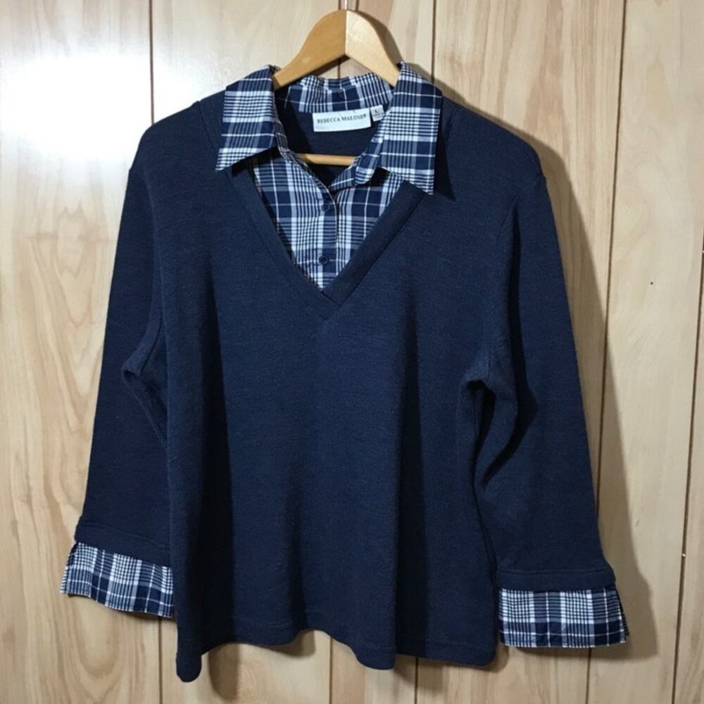 Rebecca Malone Navy Blue Faux Layered Sweater Plaid Shirt 2-in-1 Top Preppy L